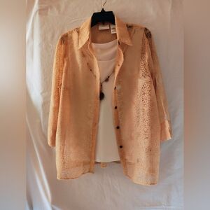 Elegant Sheer Orange Blouse And Creme Tank Top With Attached Necklace